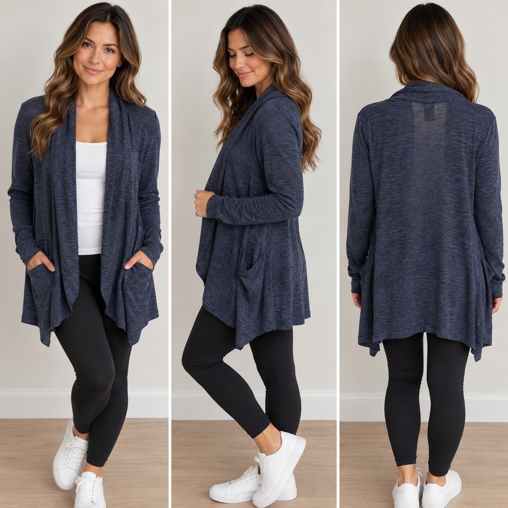 Bobeau Womens Navy Blue Space Dye Open Front Shawl Collar Cardigan Sweater M